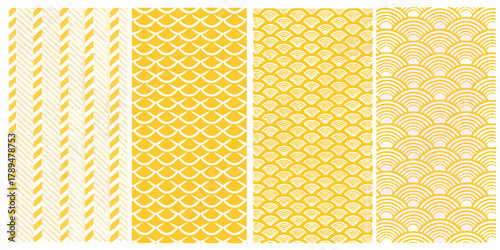 Collection of four seamless yellow and white abstract geometric patterns and textures