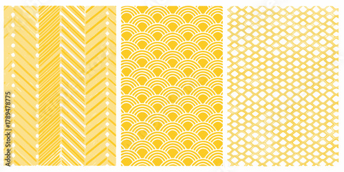 Three yellow and white geometric patterns featuring chevron scallop and lattice designs