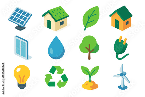 Eco Home Icons. Eco-Friendly Home Design Icons modern flat icons set: solar panel, green roof, leaf, house, window, water droplet, tree, plug, light bulb, recycling symbol, plant,