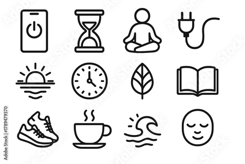 Digital Detox Icons. Digital Detox linear icon set: smartphone off icon, hourglass, meditation pose, unplugged cable, sunrise view, analog clock, nature leaf, open book, walking