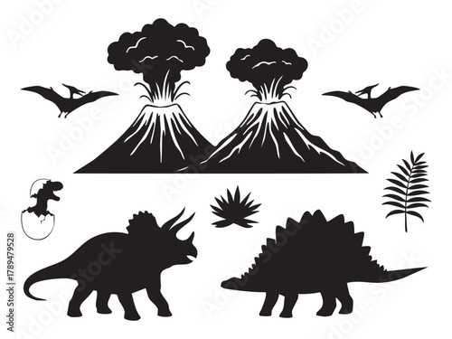 Prehistoric world dinosaur and volcano silhouettes collection set