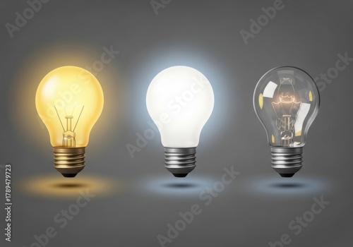 Three different light bulbs with varying illumination and types