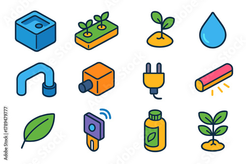 Hydroponic Icons Collection. Hydroponic System Icons modern flat icons set: water tank, tray, sprout, droplet, tube, pump, plug, light, leaf, sensor, nutrient bottle, plant.