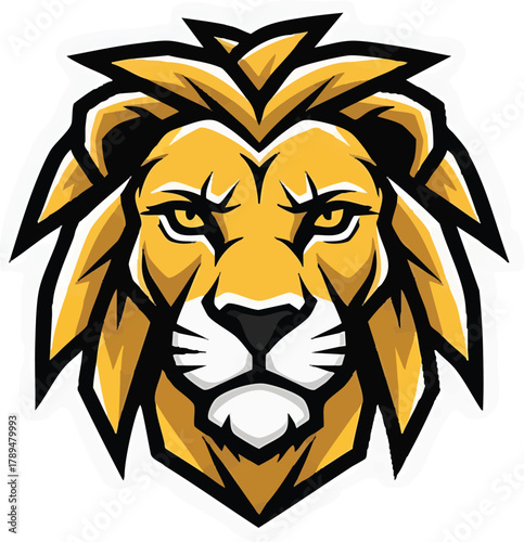 Powerful lion head graphic with a majestic golden mane and intense eyes in black and yellow. A striking animal illustration for mascots, sports teams, or strong brands.