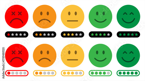 Colorful feedback faces with star ratings showing bad, poor, average, good, and excellent satisfaction levels for surveys, customer reviews, rating, evaluation. Emoji, icons, vector, feedback.