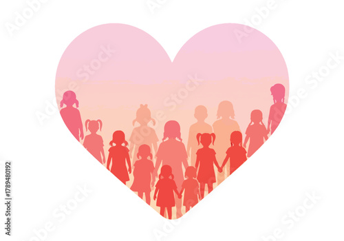 Silhouettes of women and girls standing together inside a heart shape with a gradient pink background.