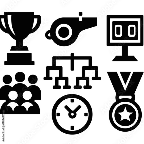 Brutalist Competition Icons. Competition Setup silhouette icon set: trophy, referee whistle, scoreboard, bracket, crowd, flag, clock, medal.