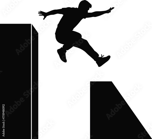 Parkour jump silhouette, urban athlete vector, extreme sports icon, fitness action graphic, rooftop leap illustration, flat parkour movement drawing