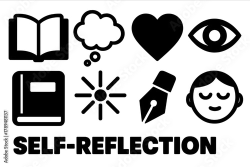 Brutalist Self-Reflection Icons. Self-Reflection silhouette icon set: open book, thought bubble, heart, eye, journal, light ray, pen, calm face.