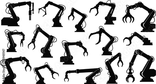 Robotic arm silhouette set, industrial automation vector, mechanical tool icons, factory equipment illustration, engineering graphic, flat robot arm drawing