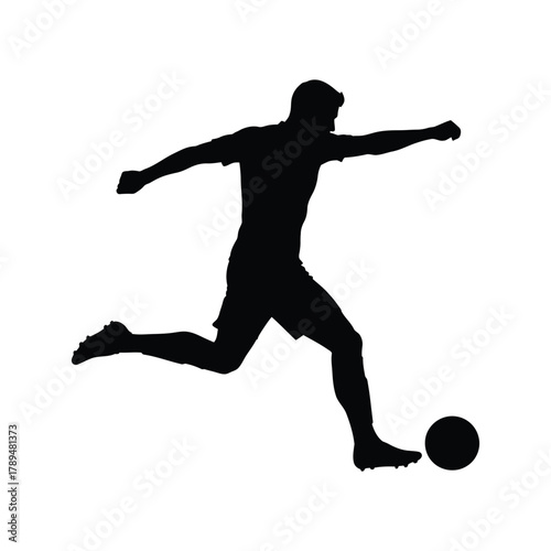 Vector silhouette illustration of a male soccer player athlete in action, kicking a football with a jumping body pose