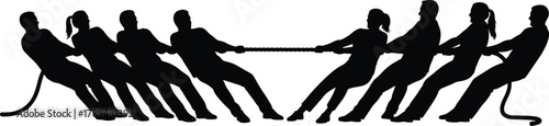 Tug of war silhouette, teamwork challenge, group competition, ten participants, pulling rope, unity effort, balance, cad drawing flat vector illustration
