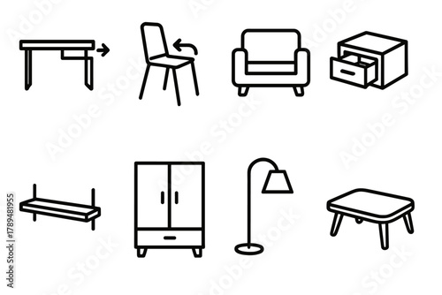 Space-Saving Furnishing Icons. Space-Saving Solutions linear icon set: sliding desk, stackable chair, convertible sofa, pull-out drawer, wall shelf, compact wardrobe, floor lamp,