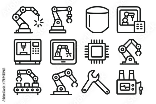 Industrial Icon Set. Advanced Manufacturing linear icon set: robotic welder, assembly robot, safety shield, CNC machine, control tablet, microchip, assembly unit, mechanical arm