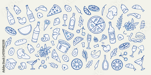 Whimsical hand drawn blue food and drink doodles scattered across a light cream background
