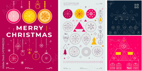 Merry christmas greeting card with festive ornaments snowflakes and geometric shapes in a modern flat design style