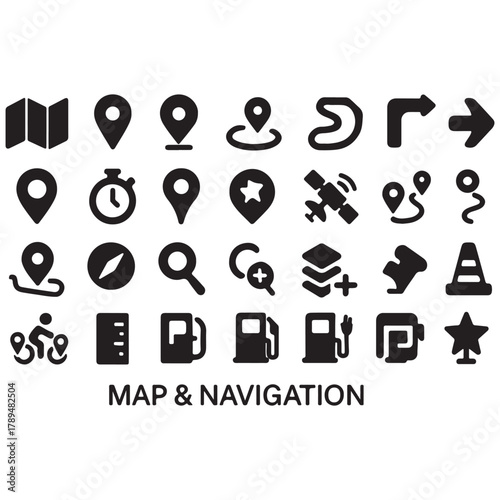 Map and Navigation Icon Set featuring Location Pins Routes Directions and Travel Symbols