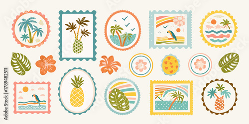 Collection of charming tropical themed postage stamps and decorative elements with palm trees pineapples and flowers