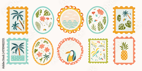 Collection of ten colorful decorative and whimsical tropical themed postage stamps