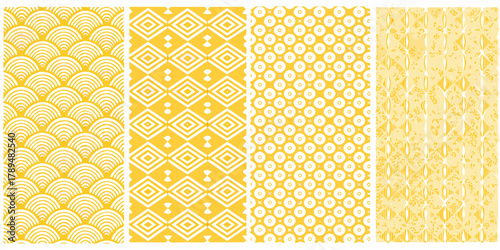 Four seamless yellow and white geometric patterns with abstract and traditional designs