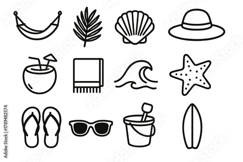 Coastal Chill Icons. Coastal Chill Icons linear icon set: hammock, palm leaf, shell, sun hat, coconut drink, towel, wave, starfish, flip flops, sunglasses, sand bucket, surfboard.