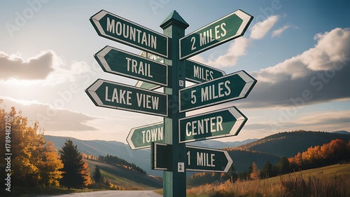Wooden Signpost With Multiple Directional Arrows In Scenic Landscape Photo