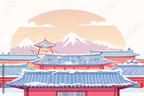 Stunning winter landscape featuring traditional Chinese architecture with snow-capped mountains, creating a peaceful and scenic vista for travel and tourism