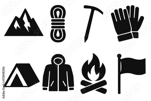 Mountain Adventure Icons. Mountain Journey silhouette icon set: peak, rope, walking stick, gloves, jacket, tent, campfire, flag.