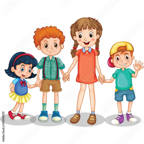 Four Diverse Children Holding Hands Together In Friendship With A White Background And Soft Shadows Below Their Feet