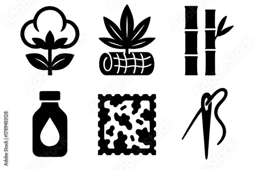 Eco-Friendly Materials Icons. Eco Materials silhouette icon set: organic cotton, hemp fabric, bamboo fiber, dye bottle, texture, needle.