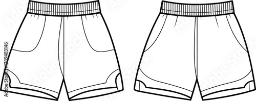 Athletic shorts illustration, front view, elastic waistband, side pockets, decorative seams, angular design, rounded design, fashion sketch, technical garment drawing