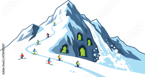 Illustration of skiers on a snowy mountain with caves and an avalanche sliding down on transparent background