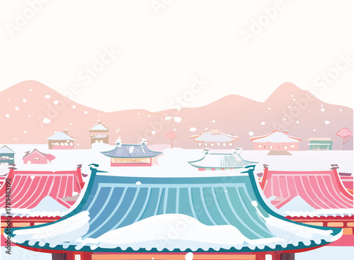 Enchanting winter cityscape, imagine snow-covered Asian architecture, mountains, soft pink hues, perfect for holiday greetings and serene winter backgrounds