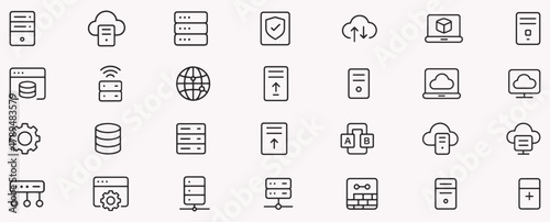 Hosting Server Line Icons Pack – Minimalist Web Hosting, Data Center & Cloud Server Icons