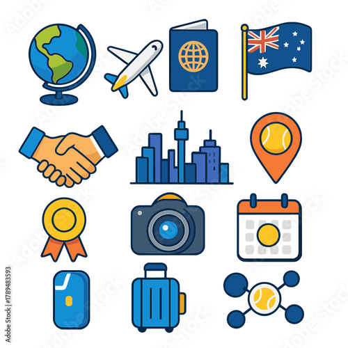 Australian Open Icons. Australian Open – Global Event modern flat icons set: globe, airplane, passport, national flags, handshake, city skyline, tennis pin, event calendar, award