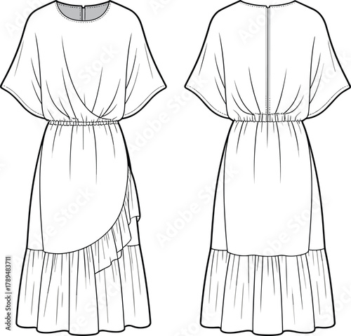 Women’s dress illustration, front and back view, round neckline, short sleeves, gathered waist, asymmetrical overlay, ruffled hem, technical garment design