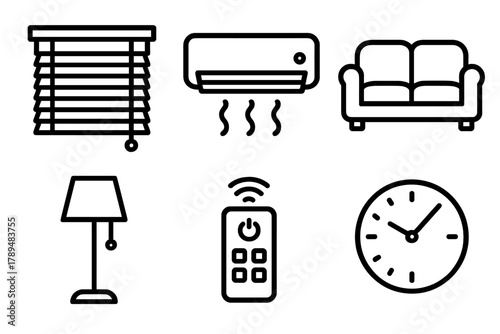 Home Comfort Icons. Comfort Automation linear icon set: blinds, air conditioner, sofa, lamp, remote, clock.