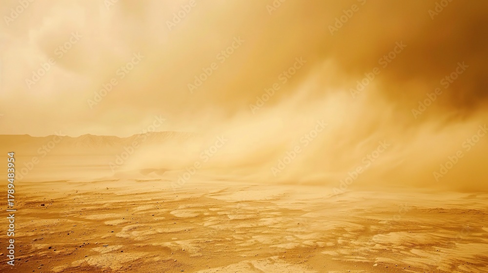 Obraz premium Intense sandstorm sweeping across a vast desert landscape, with swirling dust clouds, strong winds, and hazy sky, capturing the raw power of nature’s arid weather phenomenon