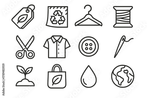 Eco-Friendly Fashion Icons. Eco-Conscious Fashion Icons linear icon set: leaf tag, recycled fabric, hanger, spool of thread, scissors, shirt, button, sewing needle, plant, tote bag