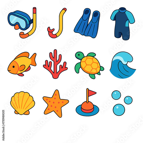 Vibrant Snorkeling Icons. Snorkeling Icons modern flat icons set: mask, snorkel, fins, wetsuit, fish, coral, sea turtle, wave, shell, starfish, buoy, bubbles.