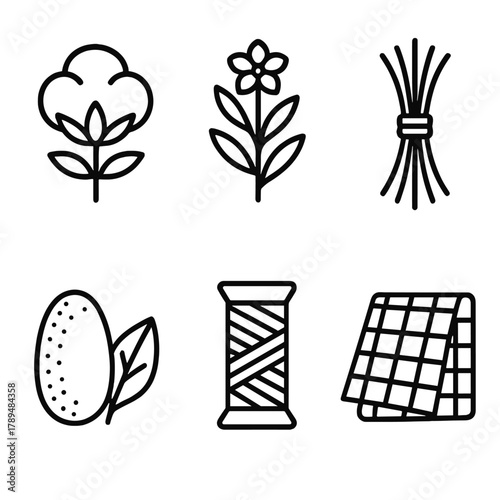 Natural Textiles Icons. Natural Textiles linear icon set: cotton, linen, jute, silk cocoon, spool, fabric pattern.