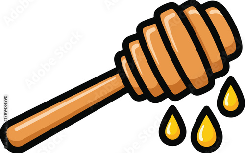 Isolated cartoon vector illustration of a wooden honey dipper dripping sweet golden honey