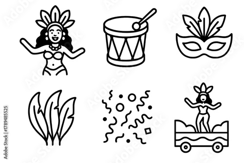 Samba Carnival Icons. Carnival Parade linear icon set: samba dancer, drum, mask, feathers, confetti, float.
