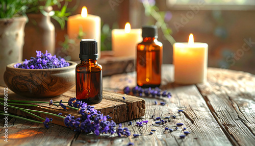 Aromatherapy setup oils, candles, lavender on rustic wood, Natural wellness concept