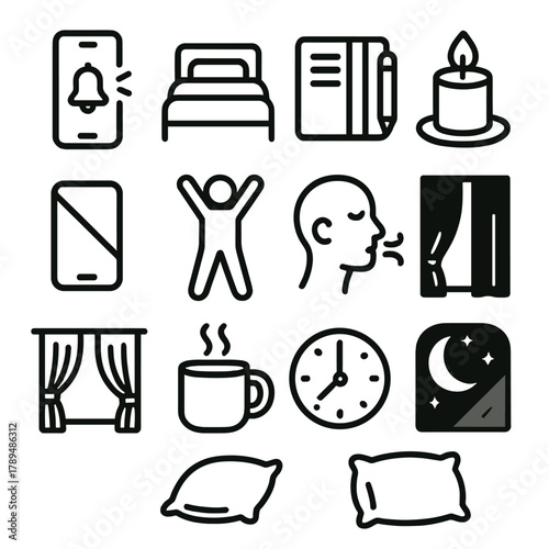 Sleep Routine Icons. Healthy Sleep Habits linear icon set: bedtime reminder, cozy bed, journal, candle, screen off icon, stretching pose, breathing symbol, dark curtain, warm drink