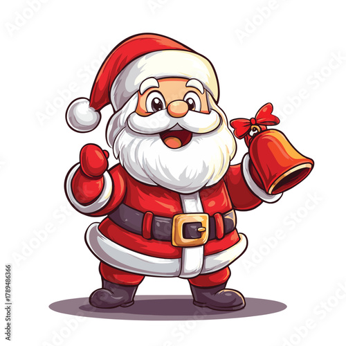 Cheerful cartoon Santa Claus ringing a Christmas bell with red bow