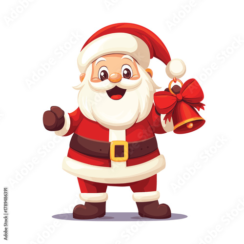 Cheerful cartoon Santa Claus ringing a Christmas bell with red bow