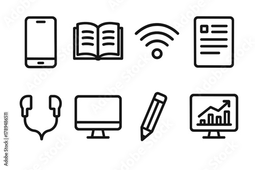 Digital Learning Icons. E-learning Tools linear icon set: smartphone, open book, wifi, notes, earphones, monitor, pencil, chart.