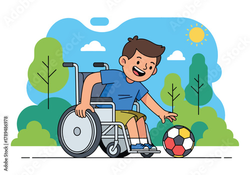 A smiling boy in a wheelchair reaching for a soccer ball outdoors.