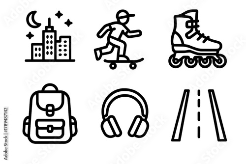 Night Skating Icons. Street Skating linear icon set: city skyline, night light, skates, backpack, headphones, road.